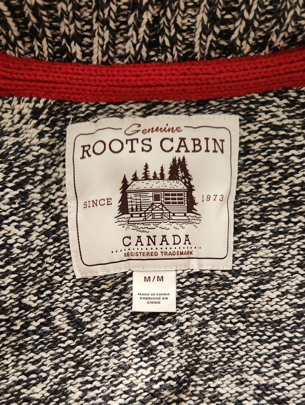 Roots Cabin Marled Black & White Crew Sweater with Red Accent